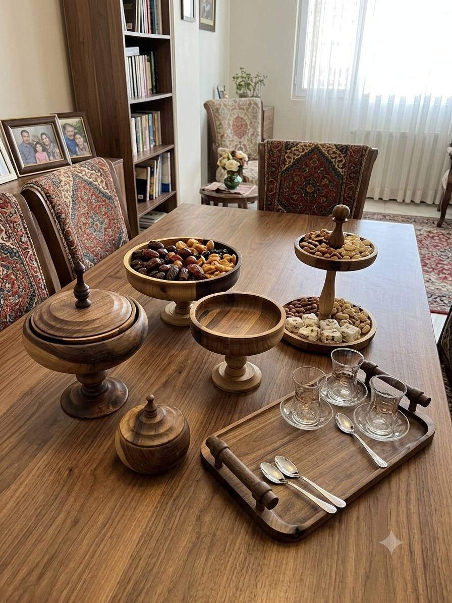 ظروف  ست چوبی پذیرایی ۶ تکه به همراه سینی چوبی سرویس پذیرایی چوبی ست چوبی پذیرایی به همراه سینی اضافه