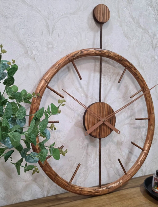 ساعت مدرن چوبی قطر۶۰ ساعت مینیمال چوبی گرد عدد خطی